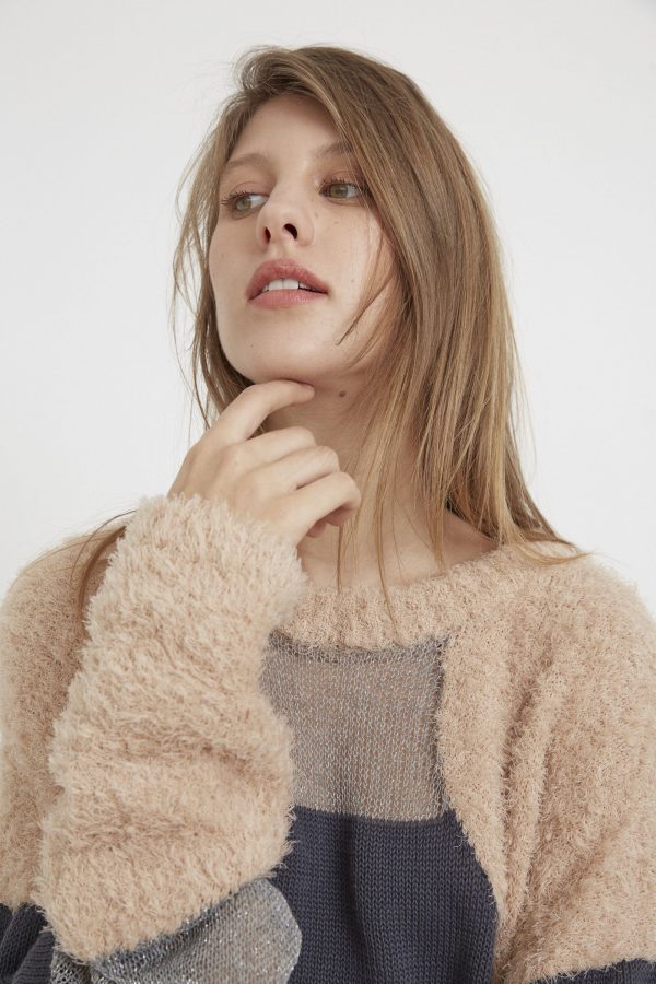 Loose-fitting textured semitransparent sweater with a panel design