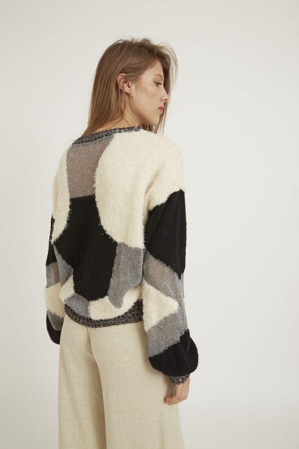 Loose-fitting textured cropped semitransparent sweater with a panel design with different yarns and textures