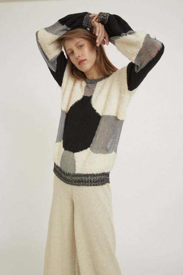 Loose-fitting textured cropped semitransparent sweater with a panel design with different yarns and textures
