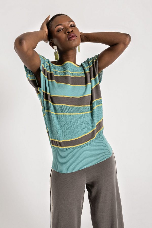 An everyday luxury. Oversize sleeveless textured top, with contrasting stripes and wide elastic wais