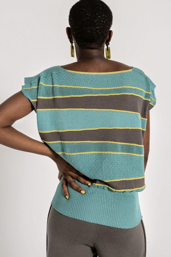 An everyday luxury. Oversize sleeveless textured top, with contrasting stripes and wide elastic wais